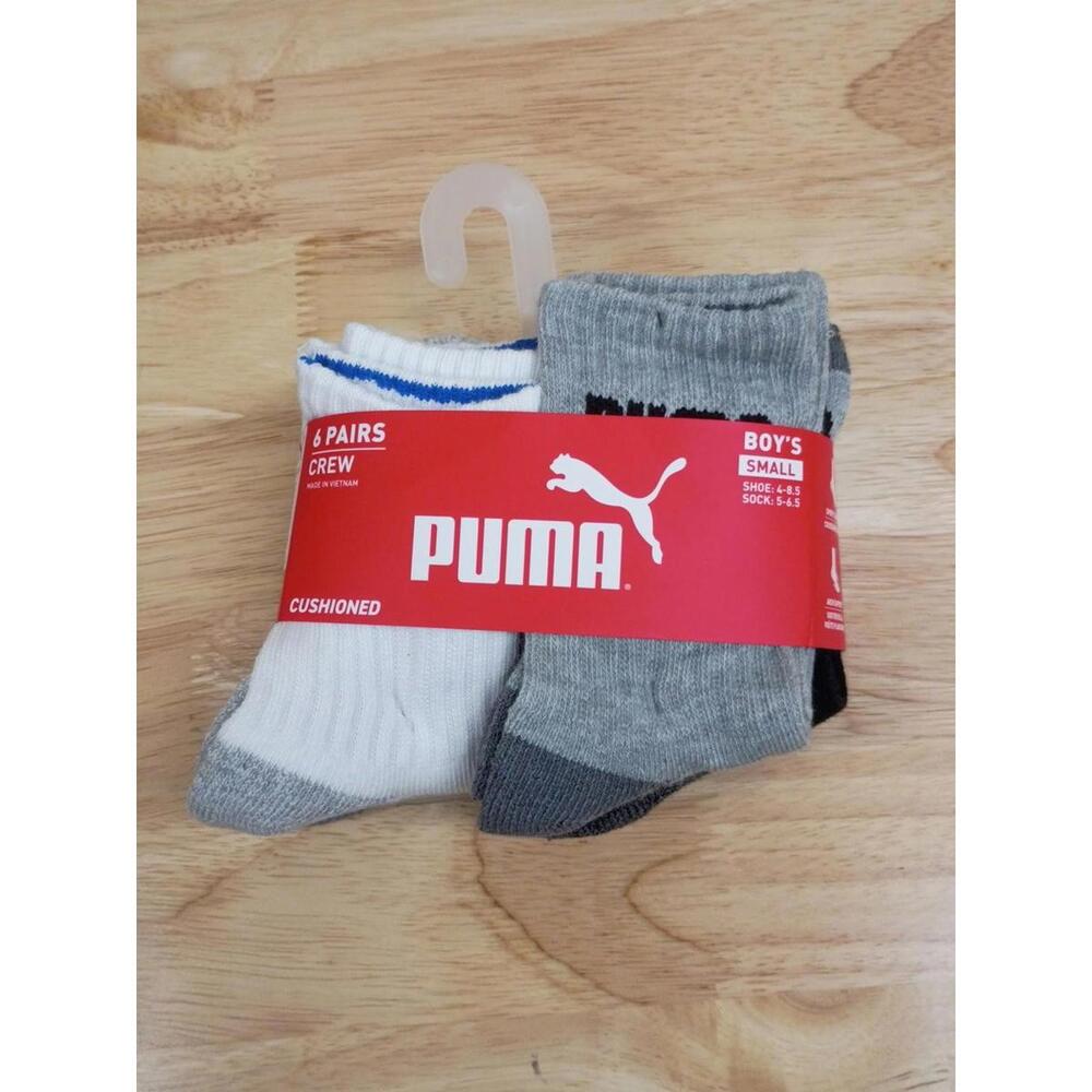 PUMA boys 6 Pack Cut Crew Socks, White/Grey/Black, 5-6.5 US